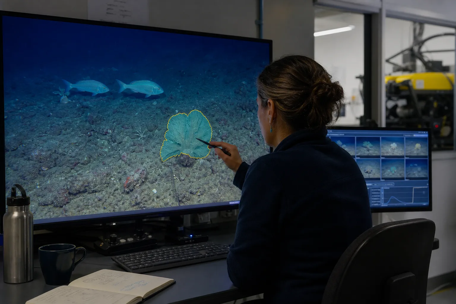 A marine scientist reviewing an underwater prediction boundary in a research laboratory