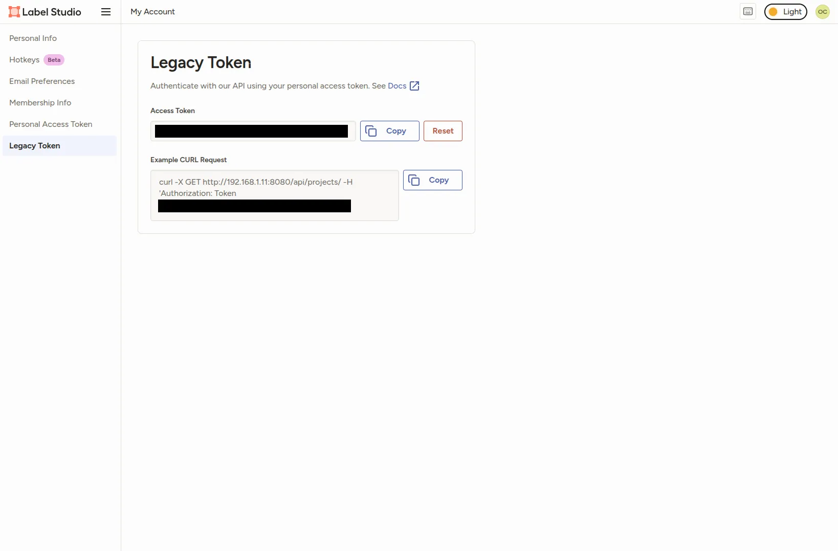 Label Studio Legacy Token page showing the redacted token field and Copy button