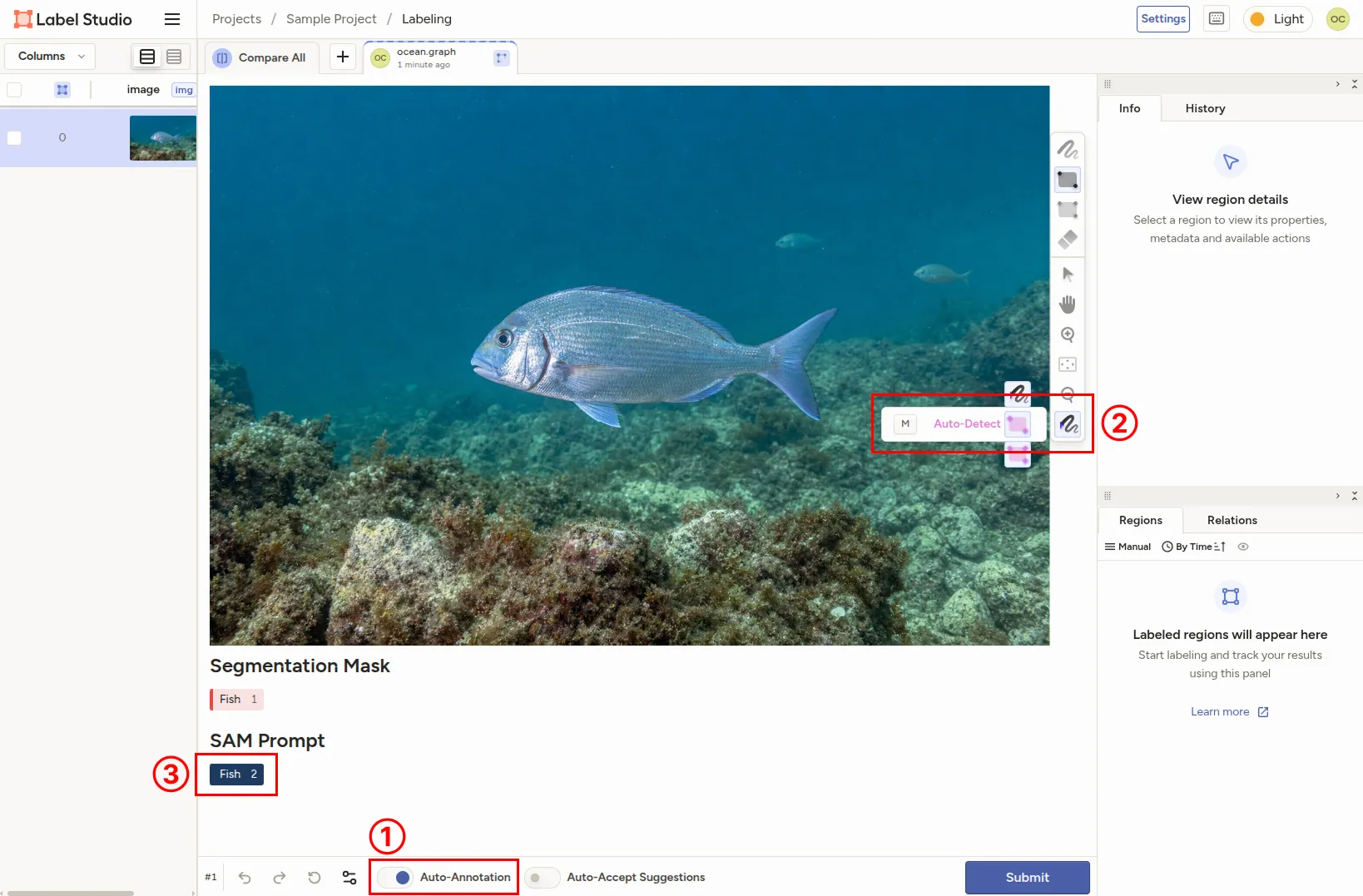 Label Studio labeling screen highlighting the Auto-Annotation switch, the assisted bounding-box tool, and the Fish prompt label