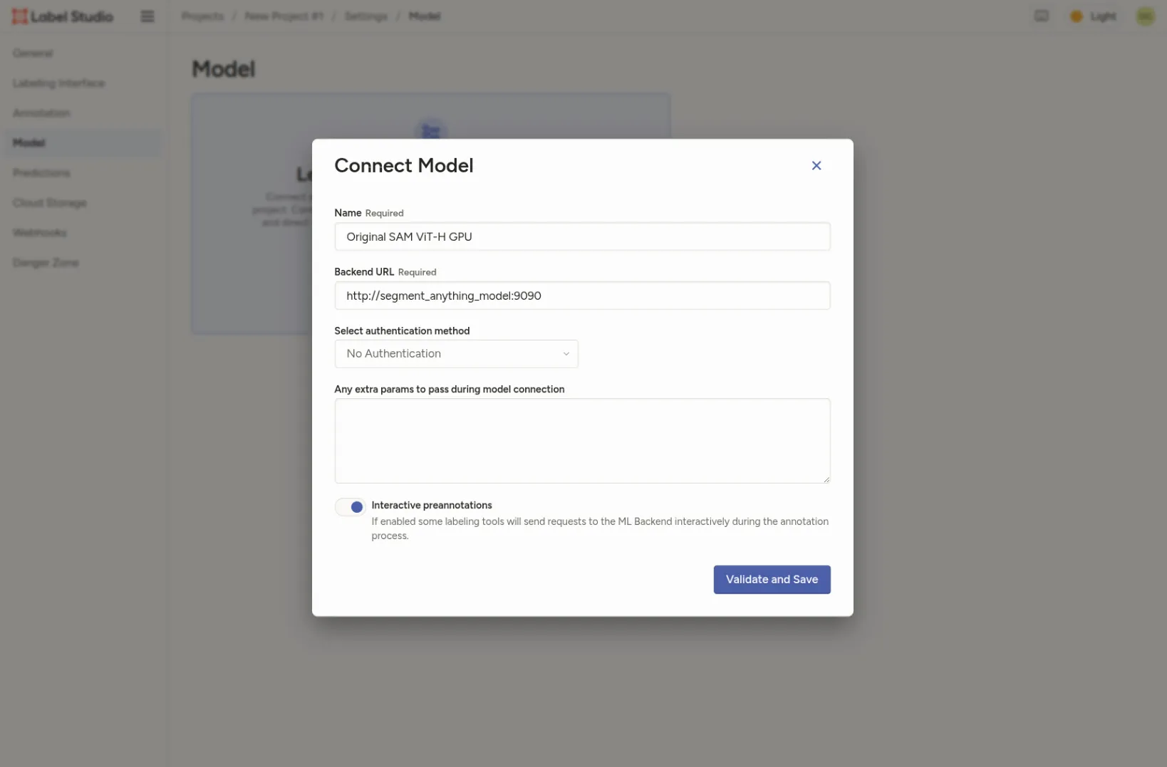 Label Studio model connection settings with the SAM backend service URL and Interactive preannotations enabled