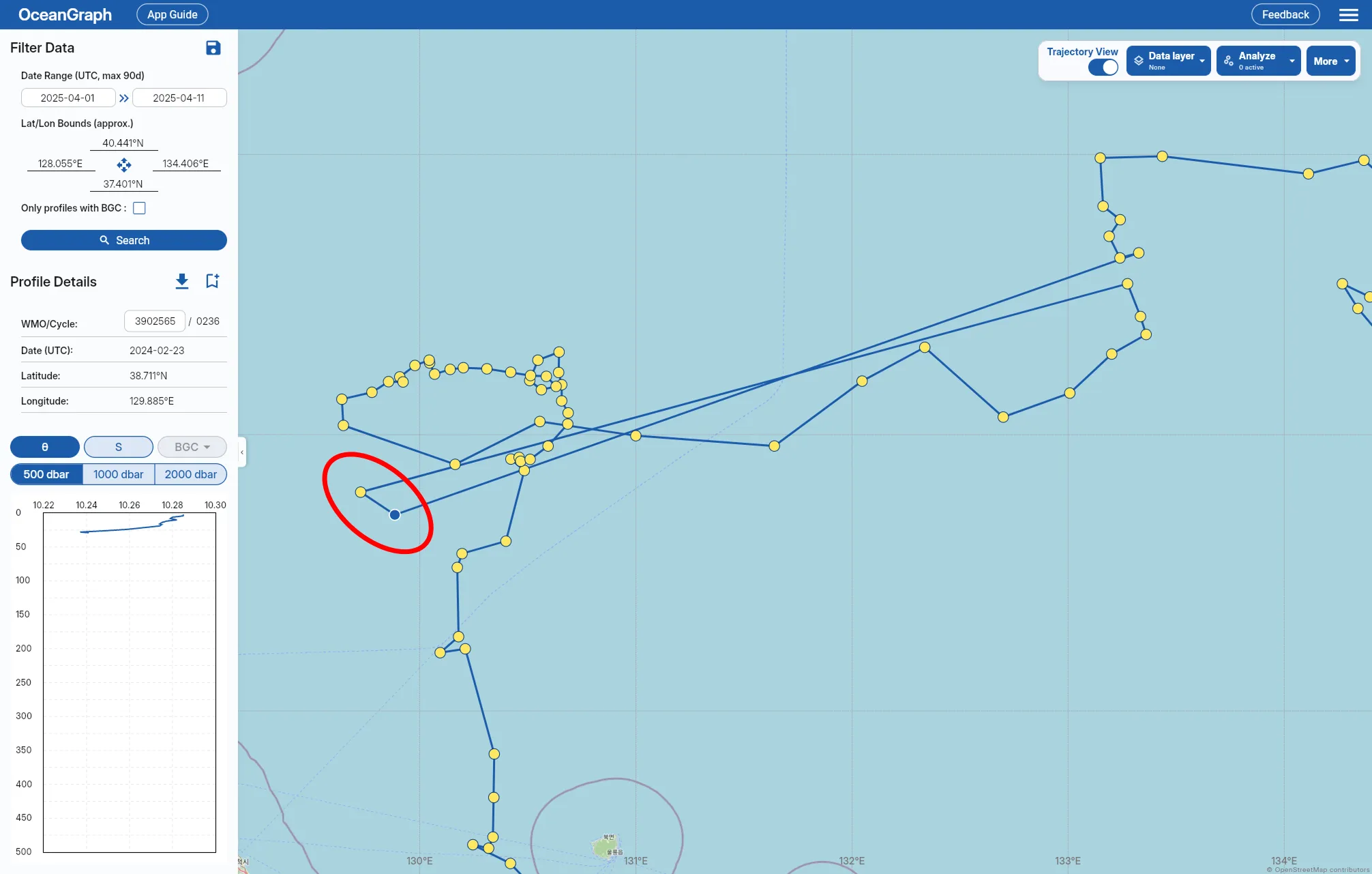 OceanGraph trajectory view highlighting a position with a passing POSITION_QC flag that still warrants a closer look